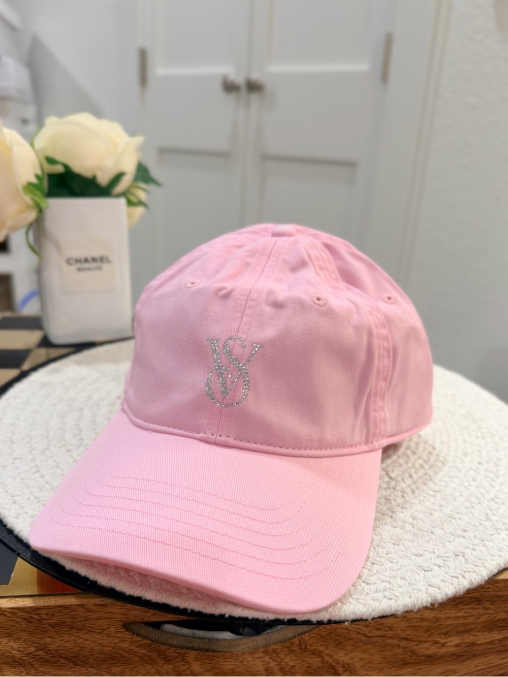Victoria Secret Pink Baseball Cap Adjustable Cotton Hat Silver Glitter Logo New